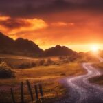 landscape background with path in Urkiola at sunset