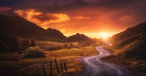 landscape background with path in Urkiola at sunset